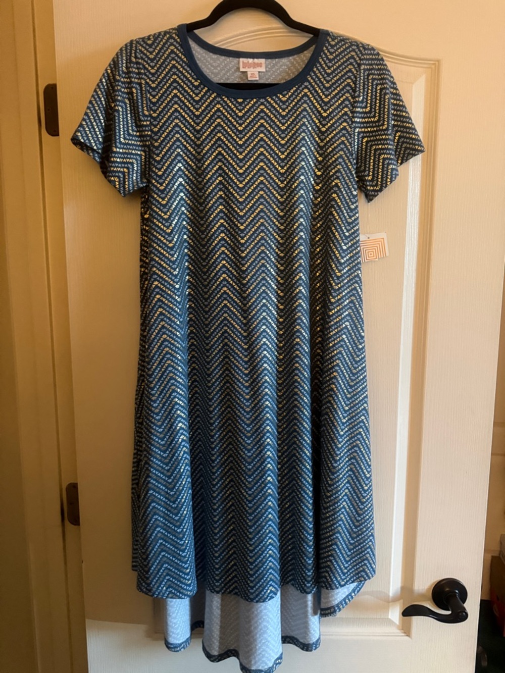 LuLaRoe Blue Chevron Carly Swing Dress with Cream Accents